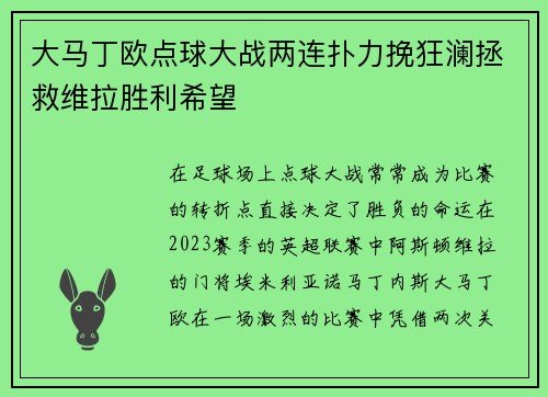 大马丁欧点球大战两连扑力挽狂澜拯救维拉胜利希望 大马丁欧点球大战两连扑力挽狂澜拯救维拉胜利希望